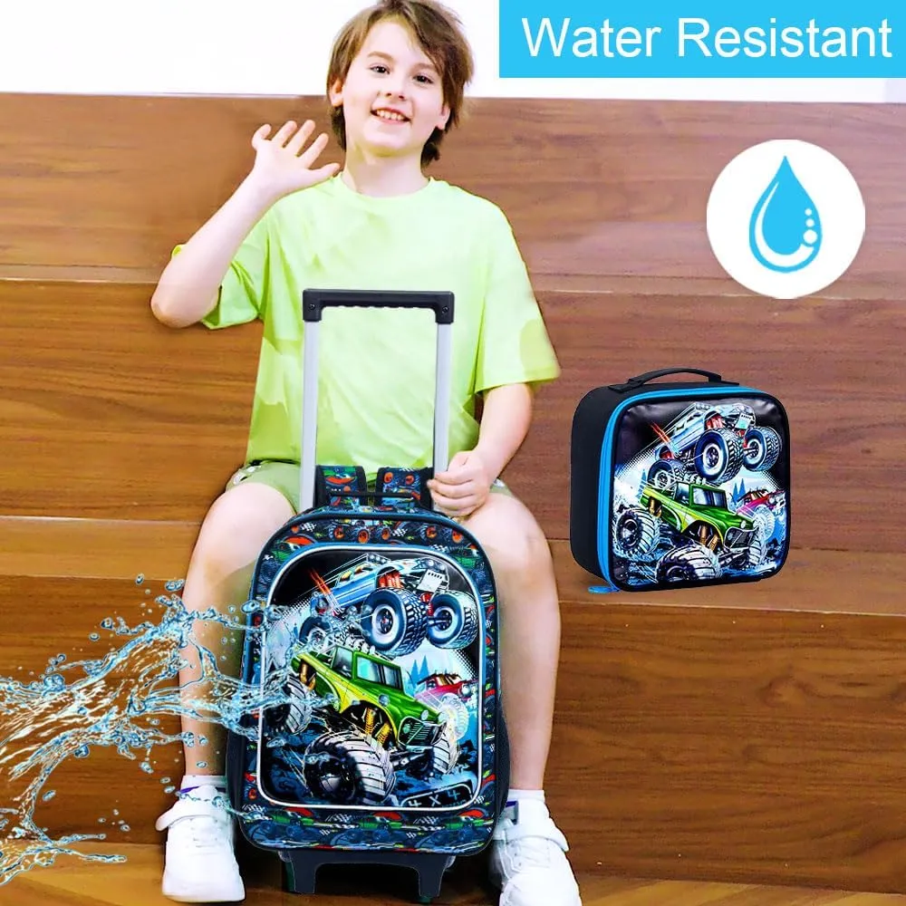 CCJPX 3PCS Cars Rolling Backpack for Boys, Kids Roller Wheels School Bookbag Set, Travel Wheeled School Bag for Toddler Elementary Children-Blue