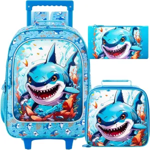 CCJPX 3PCS Shark Rolling Backpack for Boys, Kids Backpacks with Roller Wheels, Wheeled Bookbag with Lunch Box for Toddler Elementary School-Blue