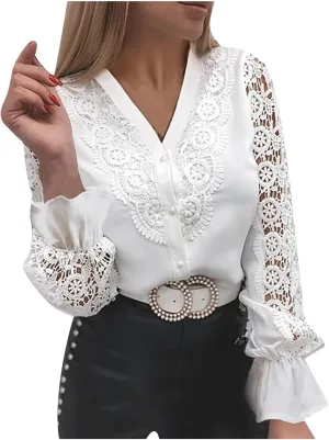 Ceboyel Women Hollow-Out Lace Sleeve Tops Bohemian Style Blouses Pullover Dressy Casual Shirts Trendy Boho Fall Outfits 2023