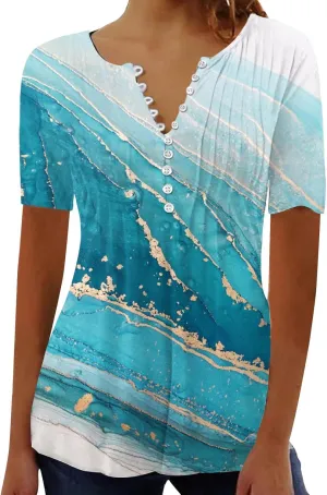 Ceboyel Women Short Sleeve Summer Tops 2023 Floral T Shirts Button V Neck Causal Blouses Trendy Dressy Ladies Fashion Clothes