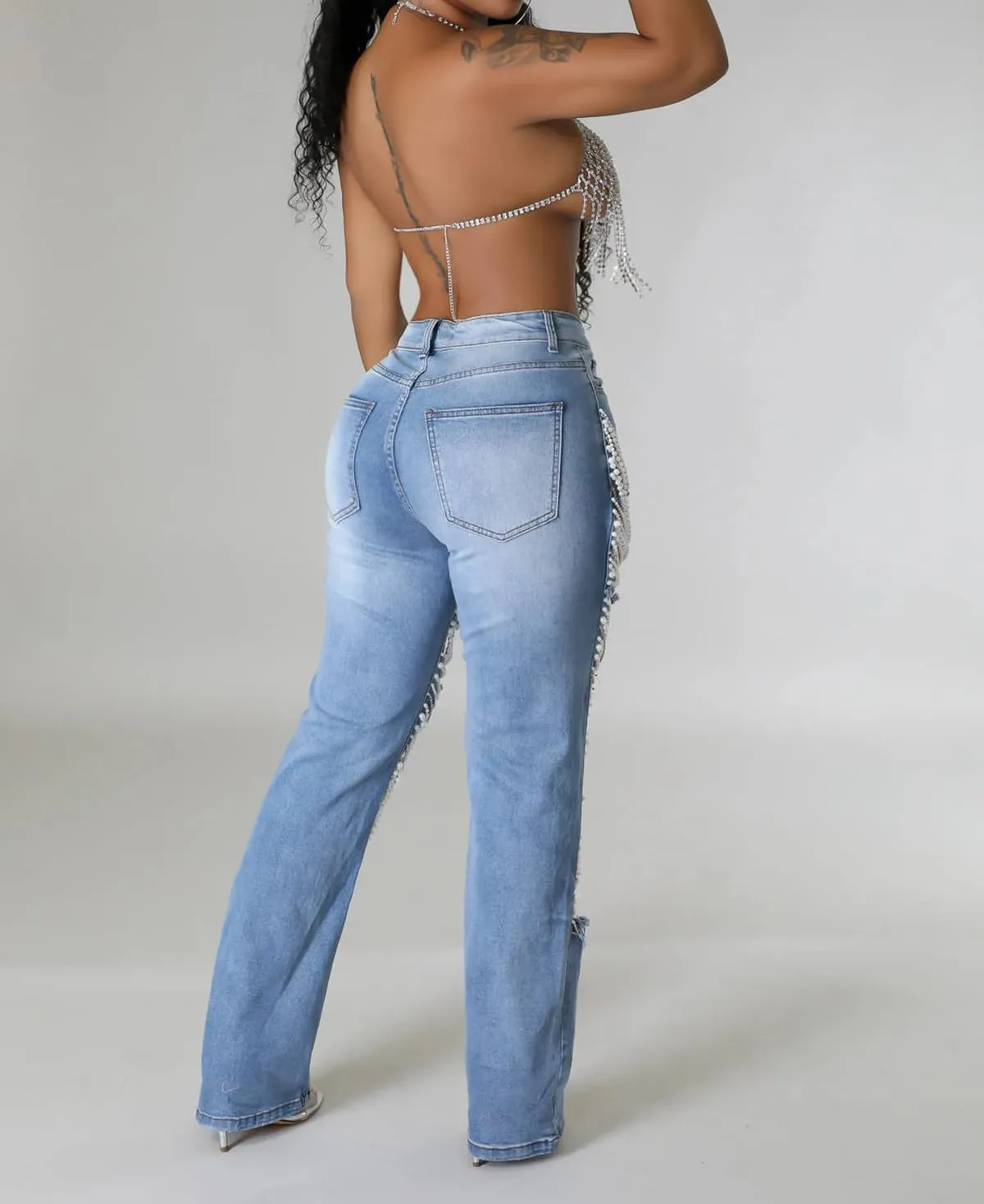 cffvdiz Straight Leg Jeans for Women Mid-Rise Distressed Ripped Hole Pearl Chain Boyfried Denim Pants