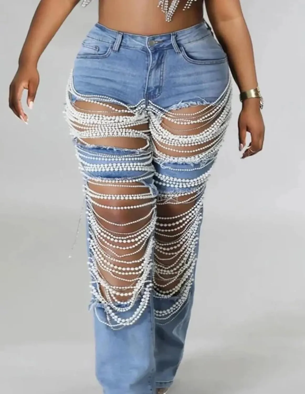 cffvdiz Straight Leg Jeans for Women Mid-Rise Distressed Ripped Hole Pearl Chain Boyfried Denim Pants