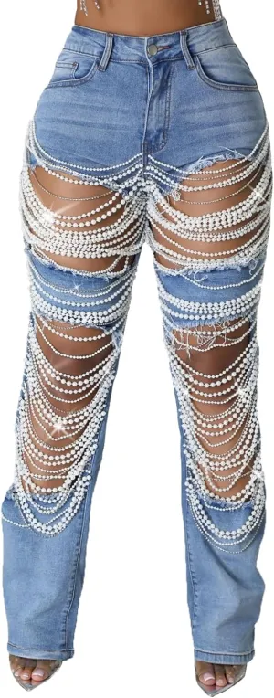 cffvdiz Straight Leg Jeans for Women Mid-Rise Distressed Ripped Hole Pearl Chain Boyfried Denim Pants