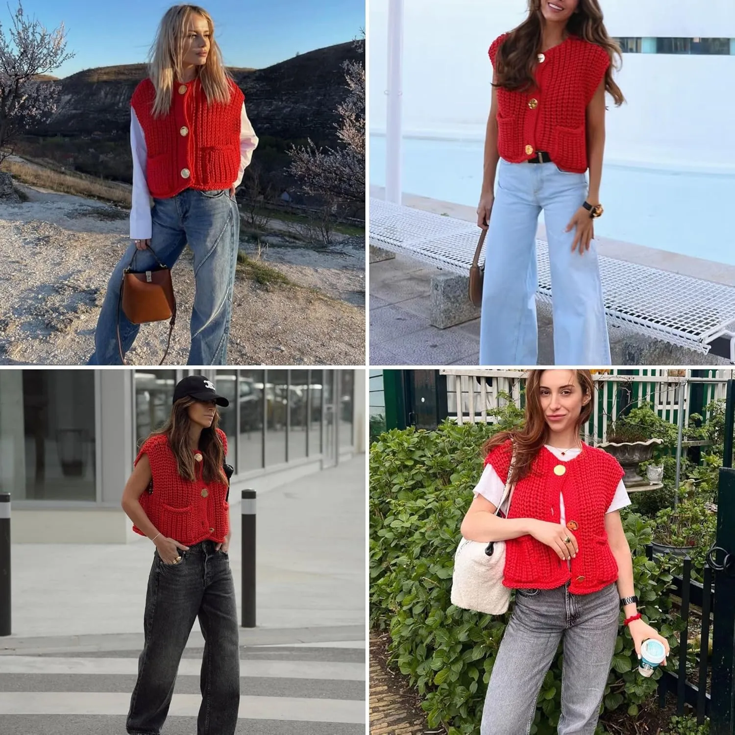 Chevara Womens Chunky Cropped Sweater Vest Cute Sleeveless Crewneck Button Down Crop Knit Cardigan with Pocket
