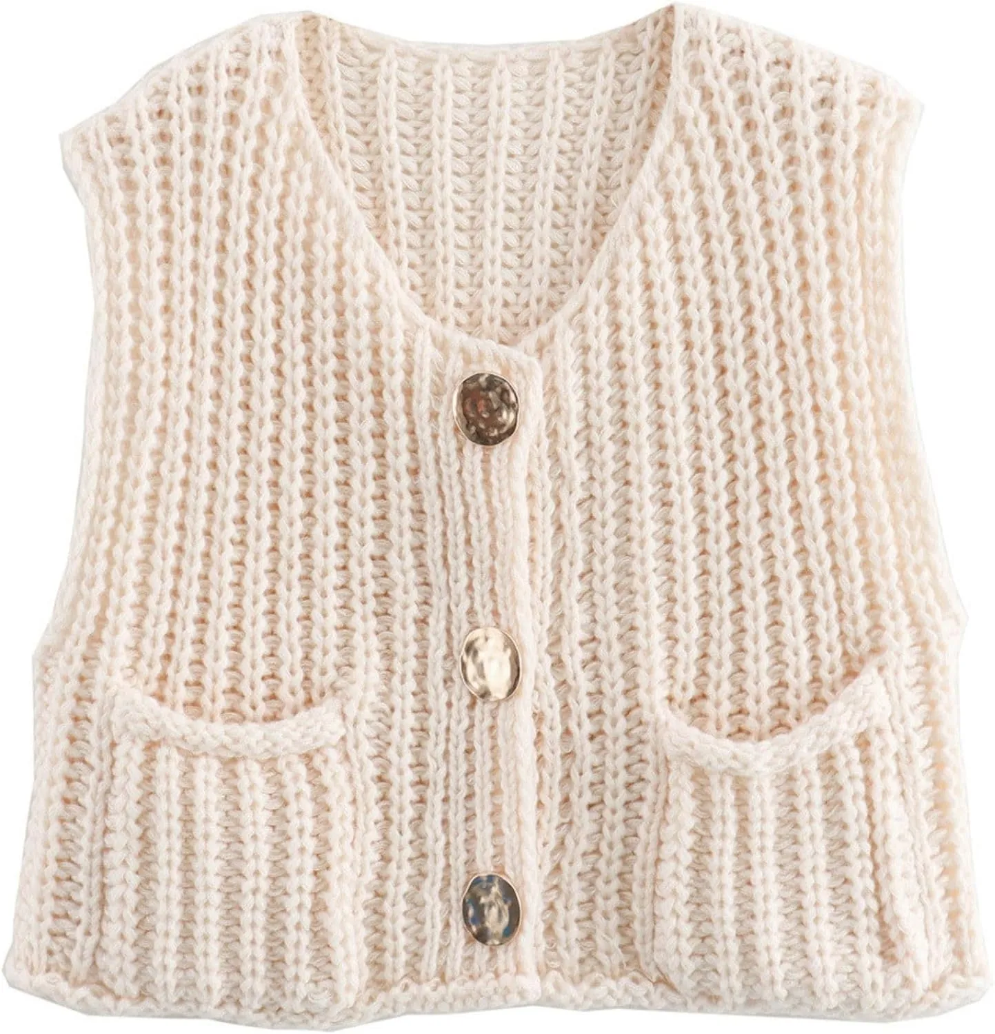 Chevara Womens Chunky Cropped Sweater Vest Cute Sleeveless Crewneck Button Down Crop Knit Cardigan with Pocket