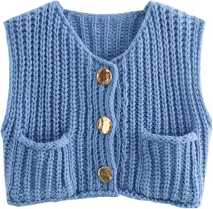 Chevara Womens Chunky Cropped Sweater Vest Cute Sleeveless Crewneck Button Down Crop Knit Cardigan with Pocket