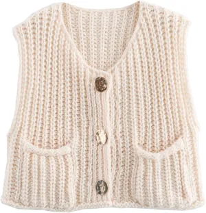 Chevara Womens Chunky Cropped Sweater Vest Cute Sleeveless Crewneck Button Down Crop Knit Cardigan with Pocket