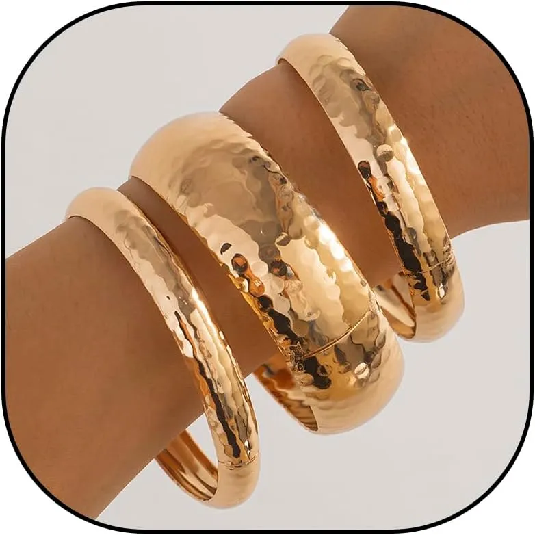 Chunky Gold Bangles Bracelet for Women 3PCS Chunky Gold Bangle Bracelets Wide Chunky Cuff Bracelets Hammered Wrist Cuff Wrap Bracelet for Women Cuff Bracelet Jewelry