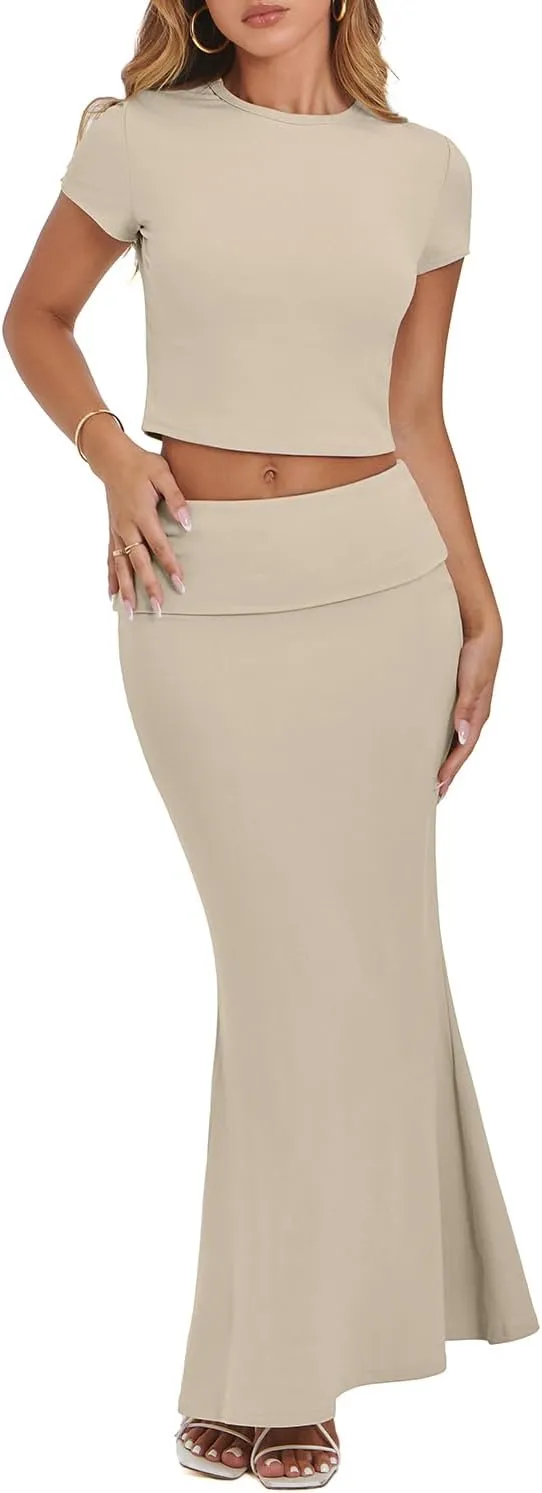CHYRII Womens Two Piece Sets Short Sleeve Crewneck Cropped Top Bodycon Fold Over Maxi Skirt Maxi Dress Outfits