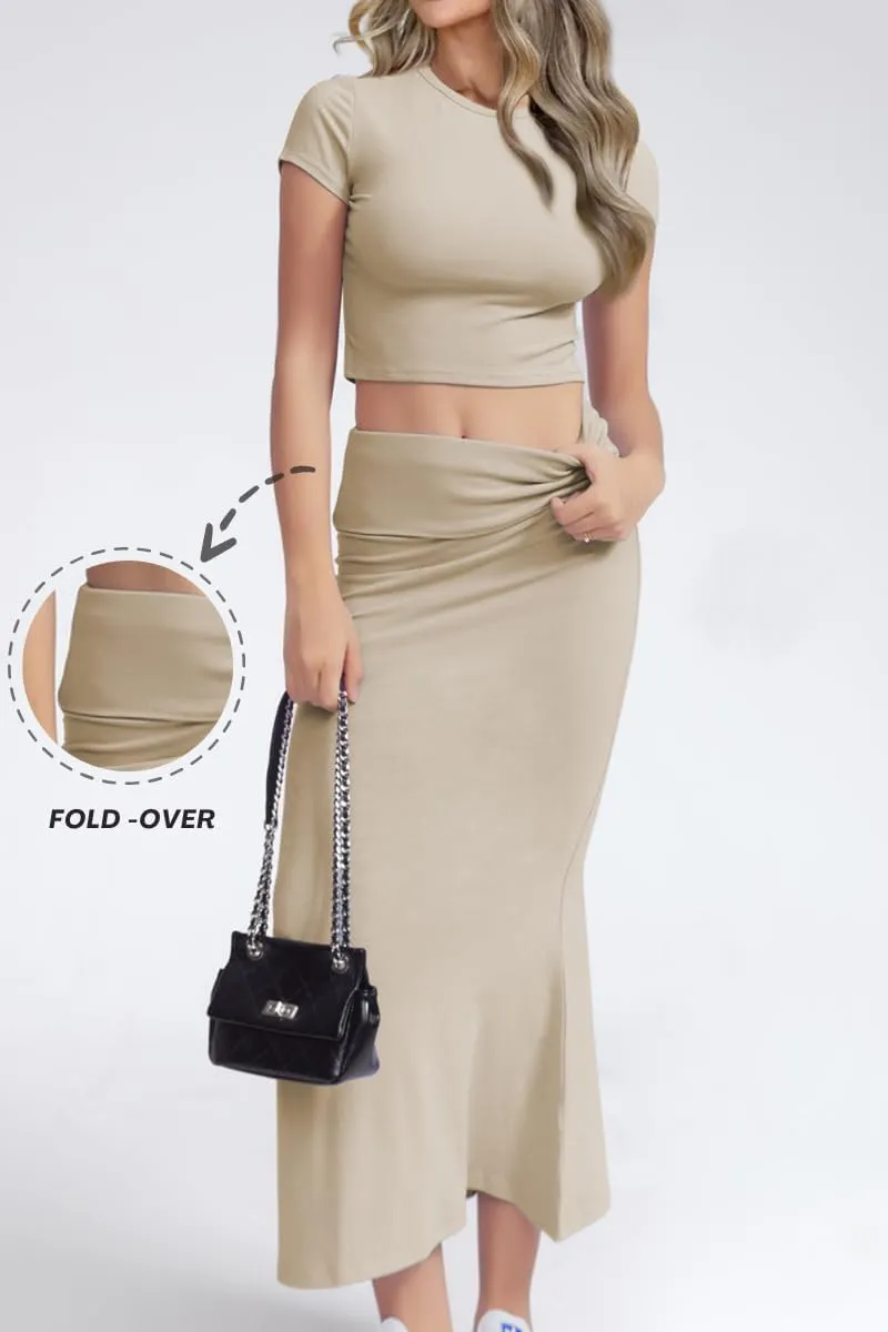 CHYRII Womens Two Piece Sets Short Sleeve Crewneck Cropped Top Bodycon Fold Over Maxi Skirt Maxi Dress Outfits