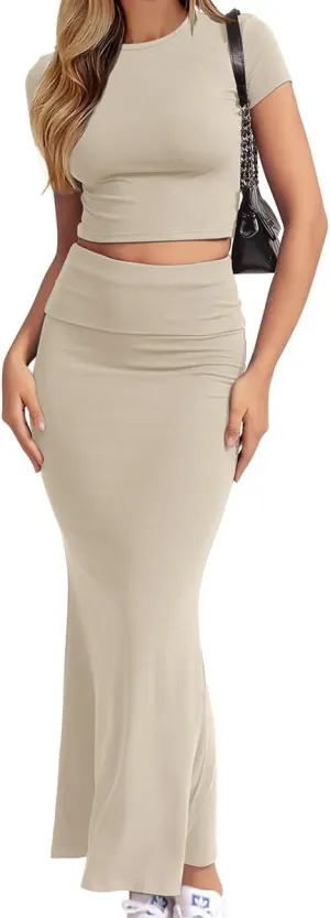 CHYRII Womens Two Piece Sets Short Sleeve Crewneck Cropped Top Bodycon Fold Over Maxi Skirt Maxi Dress Outfits