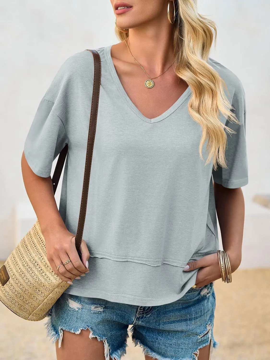 Cicy Bell Womens Summer V Neck T Shirts Casual Short Sleeve Flowy Tops Cute Loose Fit Basic Tees