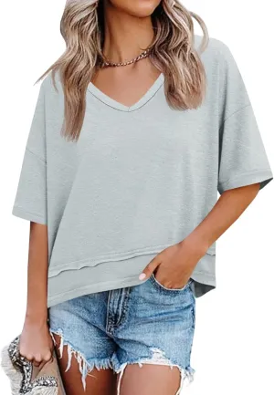 Cicy Bell Womens Summer V Neck T Shirts Casual Short Sleeve Flowy Tops Cute Loose Fit Basic Tees
