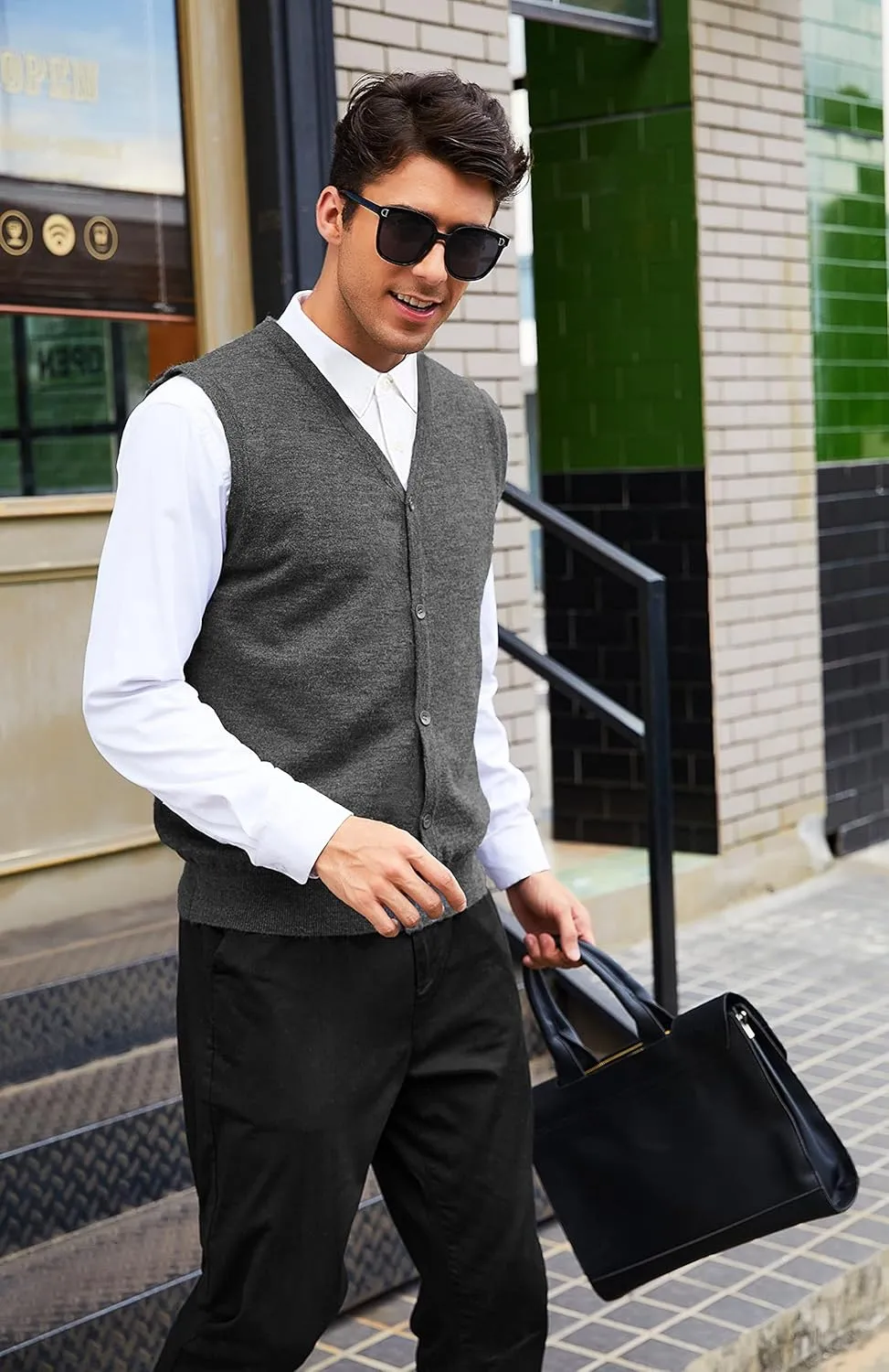 COOFANDY Men's Sweater Vest V Neck Casual Sleeveless Knitted Button Cardigan Vest