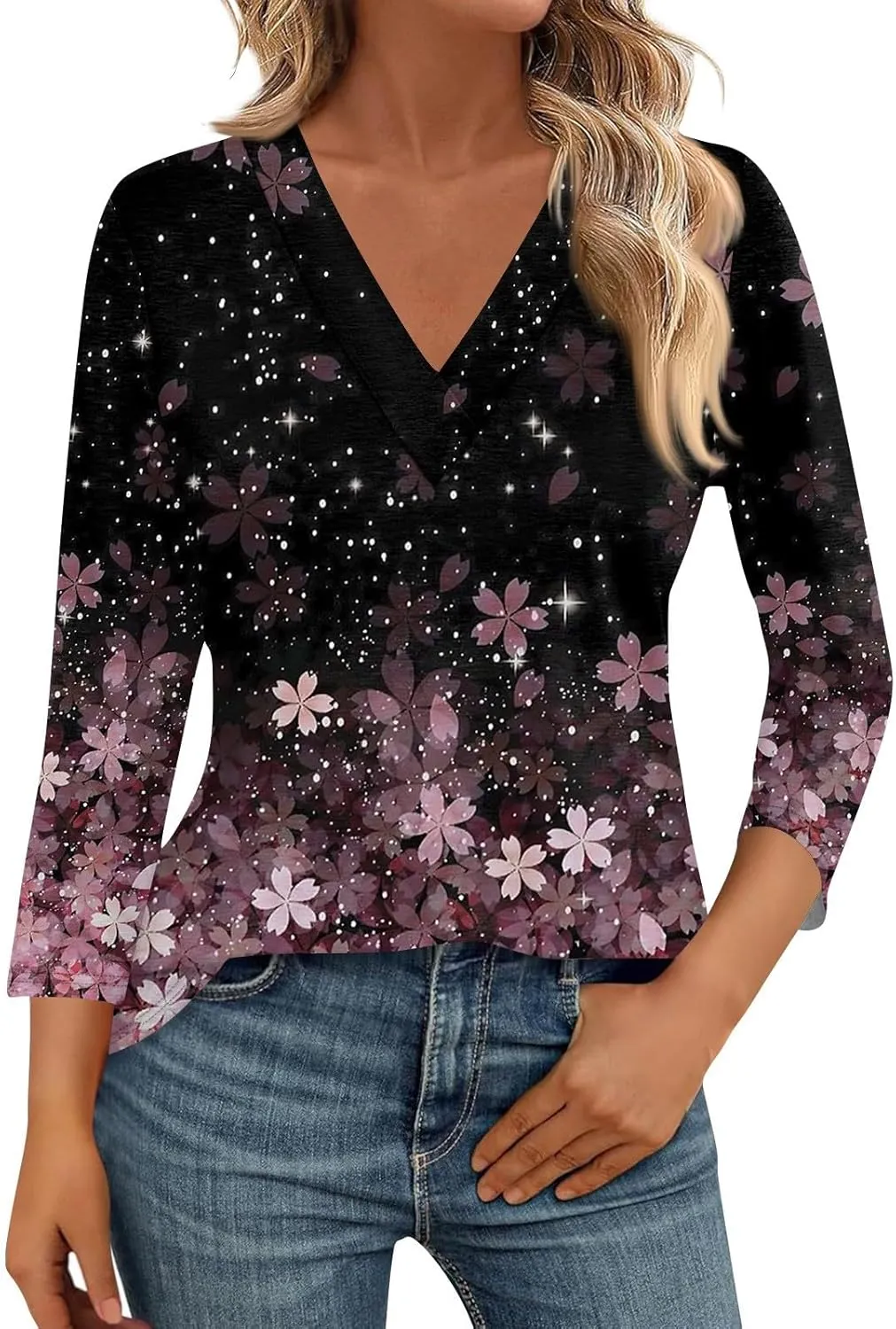 COTECRAM 3/4 Length Sleeve Womens Tops V Neck Dressy Casual Tunic Tops Spring Summer Loose Fit Blouse Shirts 2025
