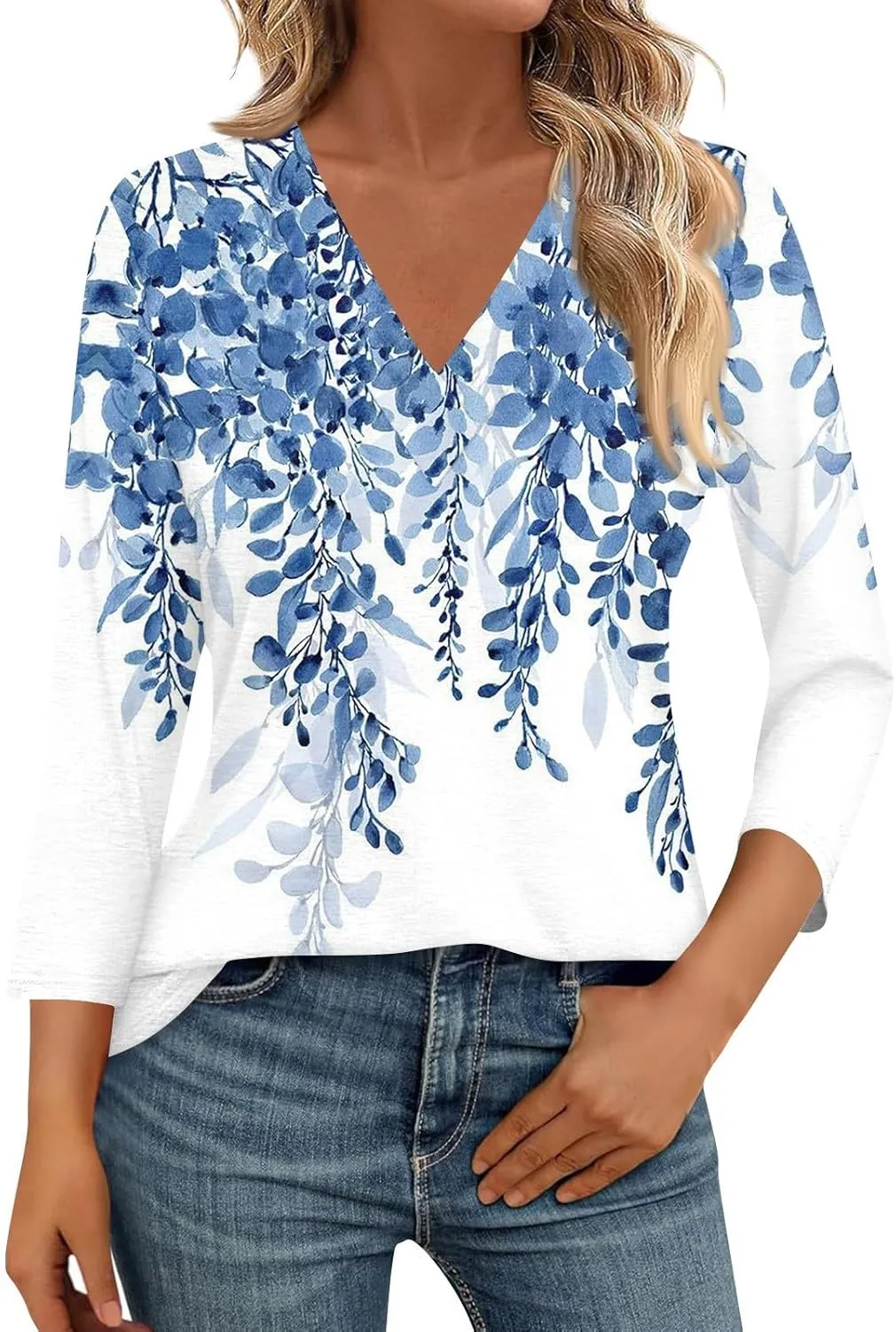 COTECRAM 3/4 Length Sleeve Womens Tops V Neck Dressy Casual Tunic Tops Spring Summer Loose Fit Blouse Shirts 2025