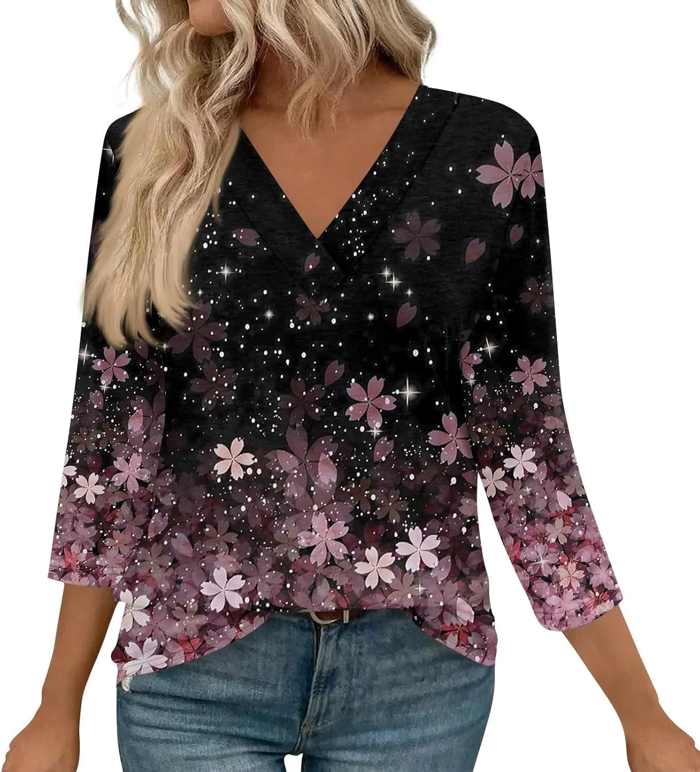 COTECRAM 3/4 Length Sleeve Womens Tops V Neck Dressy Casual Tunic Tops Spring Summer Loose Fit Blouse Shirts 2025
