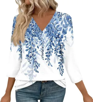 COTECRAM 3/4 Length Sleeve Womens Tops V Neck Dressy Casual Tunic Tops Spring Summer Loose Fit Blouse Shirts 2025