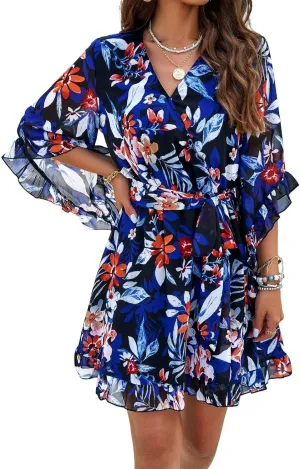 COTECRAM Summer Dresses for Women 2025 Vacation Casual V Neck Ruffle Boho Floral Chiffon Dress Cute Mini Short Dress Sundress