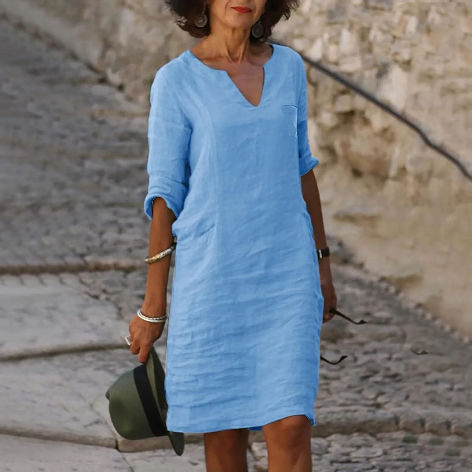 Cotton Linen Dress for Women,Summer Trendy Lace Patchwork Midi Dress Casual Crewneck Short Sleeve Plain Beach Dress