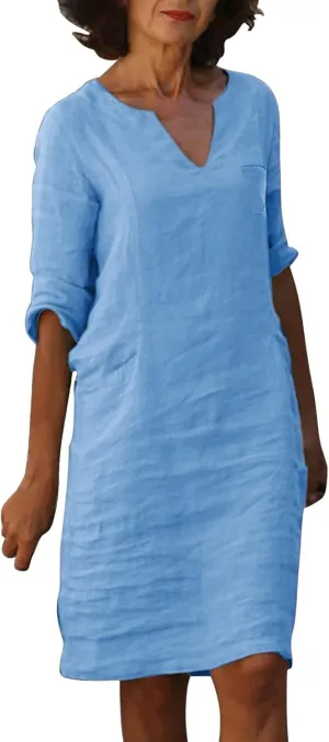 Cotton Linen Dress for Women,Summer Trendy Lace Patchwork Midi Dress Casual Crewneck Short Sleeve Plain Beach Dress