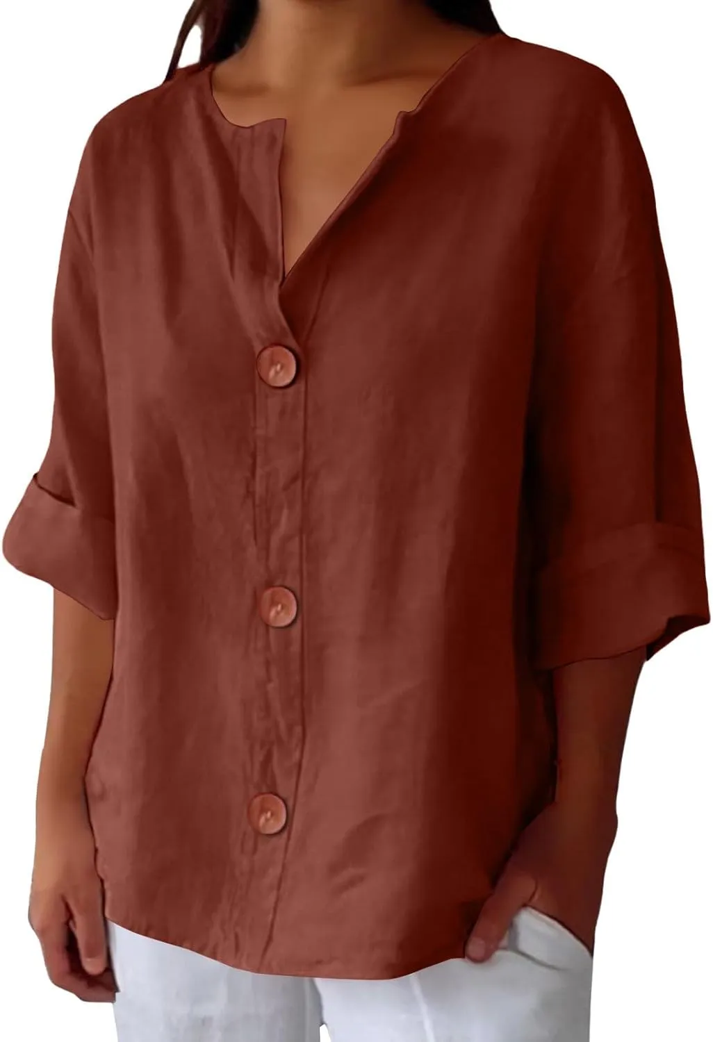 Cotton Linen Shirts for Women 2025 Summer V Neck 3/4 Sleeve Casual Button Down Blouses Vacation Beach Tunic Tops