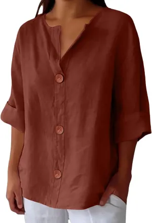 Cotton Linen Shirts for Women 2025 Summer V Neck 3/4 Sleeve Casual Button Down Blouses Vacation Beach Tunic Tops