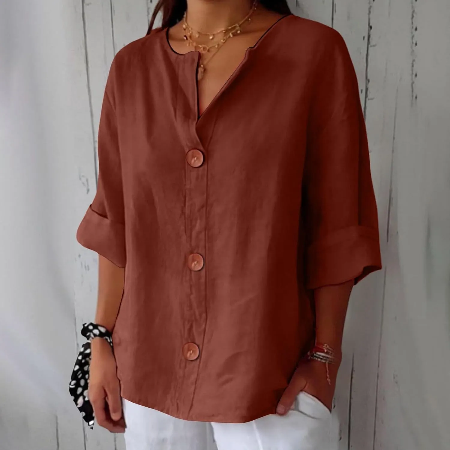 Cotton Linen Shirts for Women 2025 Summer V Neck 3/4 Sleeve Casual Button Down Blouses Vacation Beach Tunic Tops