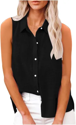 Cotton Linen Shirts for Women Sleeveless Collared Tops Oversized Button Up Blouses Work Shirts Casual Summer Tshirt