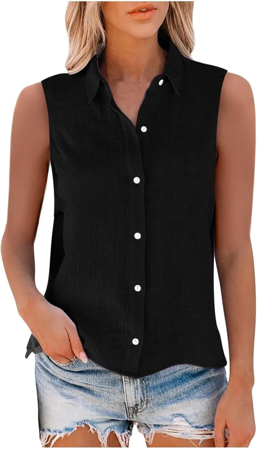 Cotton Linen Shirts for Women Sleeveless Collared Tops Oversized Button Up Blouses Work Shirts Casual Summer Tshirt