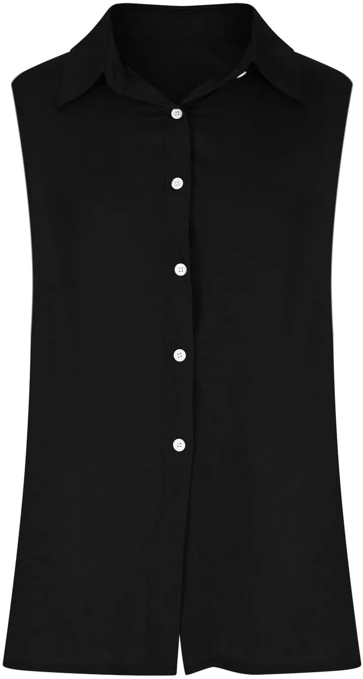 Cotton Linen Shirts for Women Sleeveless Collared Tops Oversized Button Up Blouses Work Shirts Casual Summer Tshirt