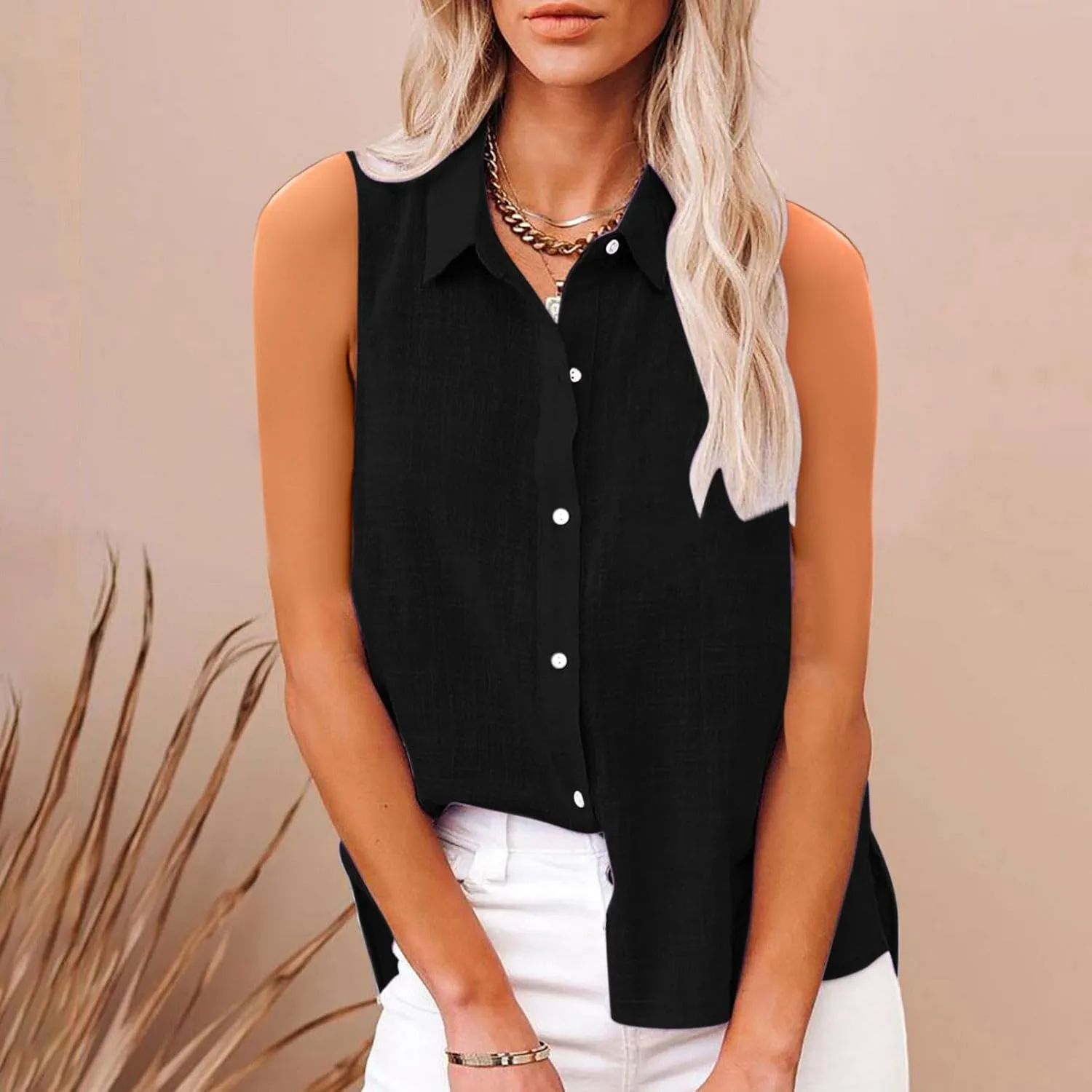 Cotton Linen Shirts for Women Sleeveless Collared Tops Oversized Button Up Blouses Work Shirts Casual Summer Tshirt