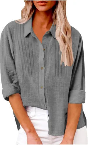 Cotton Linen Shirts for Women Summer Long Sleeve Button Down Shirt Pleated Front Gauze Tops Loose Casual Blouses