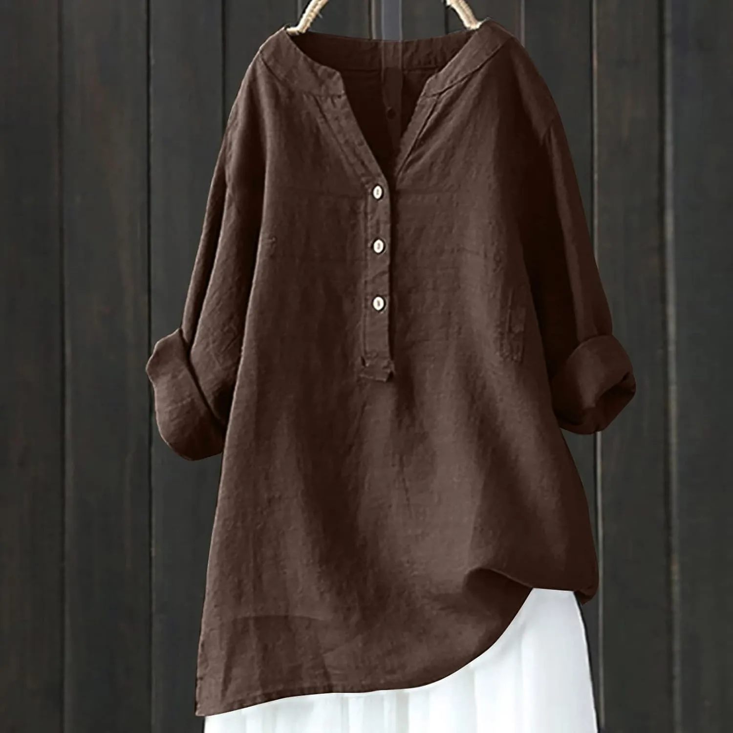 Cotton Linen Shirts for Women,Plus Size Tops Long Sleeve Tshirts,3/4 Length Sleeve Button Down V Neck Dressy Blouses