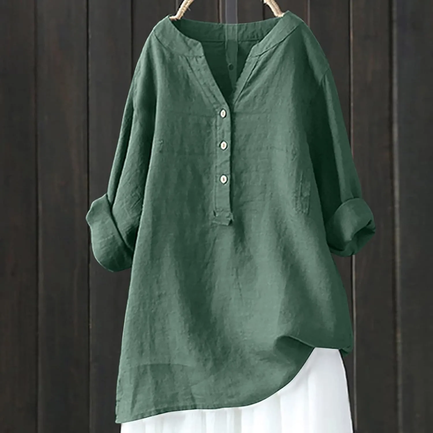 Cotton Linen Shirts for Women,Plus Size Tops Long Sleeve Tshirts,3/4 Length Sleeve Button Down V Neck Dressy Blouses