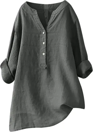 Cotton Linen Shirts for Women,Plus Size Tops Long Sleeve Tshirts,3/4 Length Sleeve Button Down V Neck Dressy Blouses