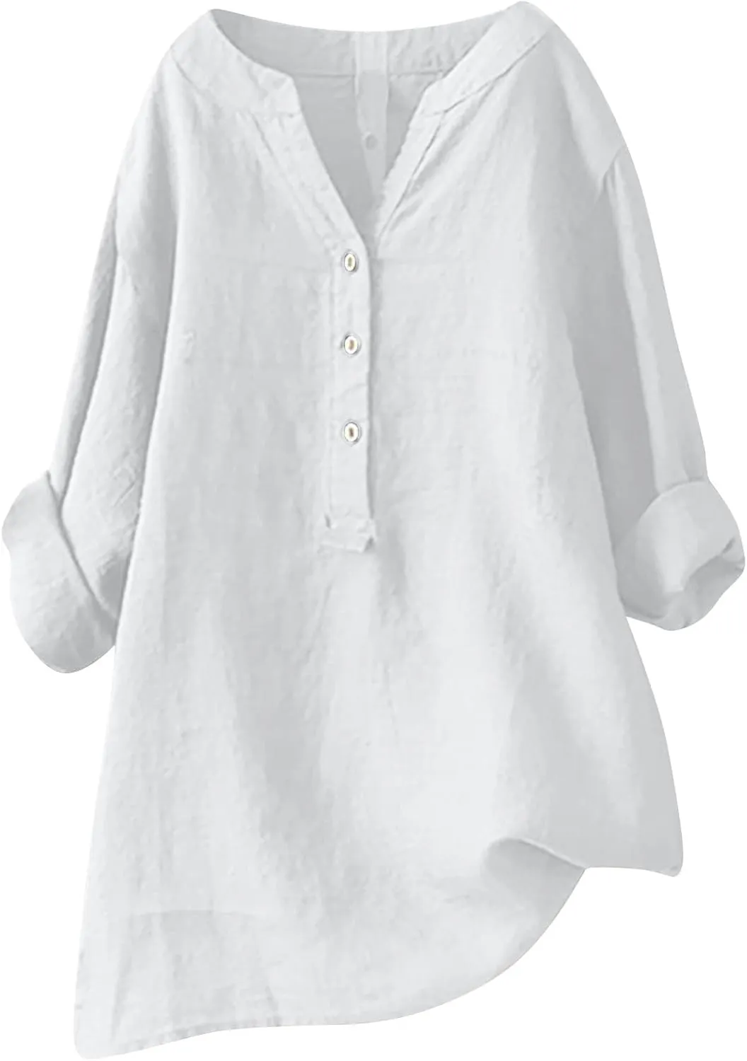 Cotton Linen Shirts for Women,Plus Size Tops Long Sleeve Tshirts,3/4 Length Sleeve Button Down V Neck Dressy Blouses