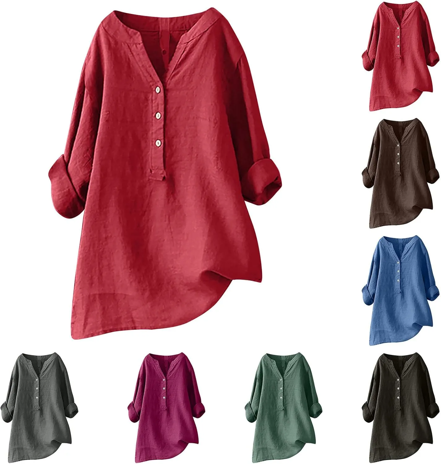 Cotton Linen Shirts for Women,Plus Size Tops Long Sleeve Tshirts,3/4 Length Sleeve Button Down V Neck Dressy Blouses