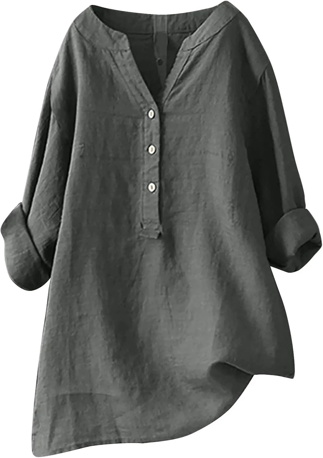 Cotton Linen Shirts for Women,Plus Size Tops Long Sleeve Tshirts,3/4 Length Sleeve Button Down V Neck Dressy Blouses