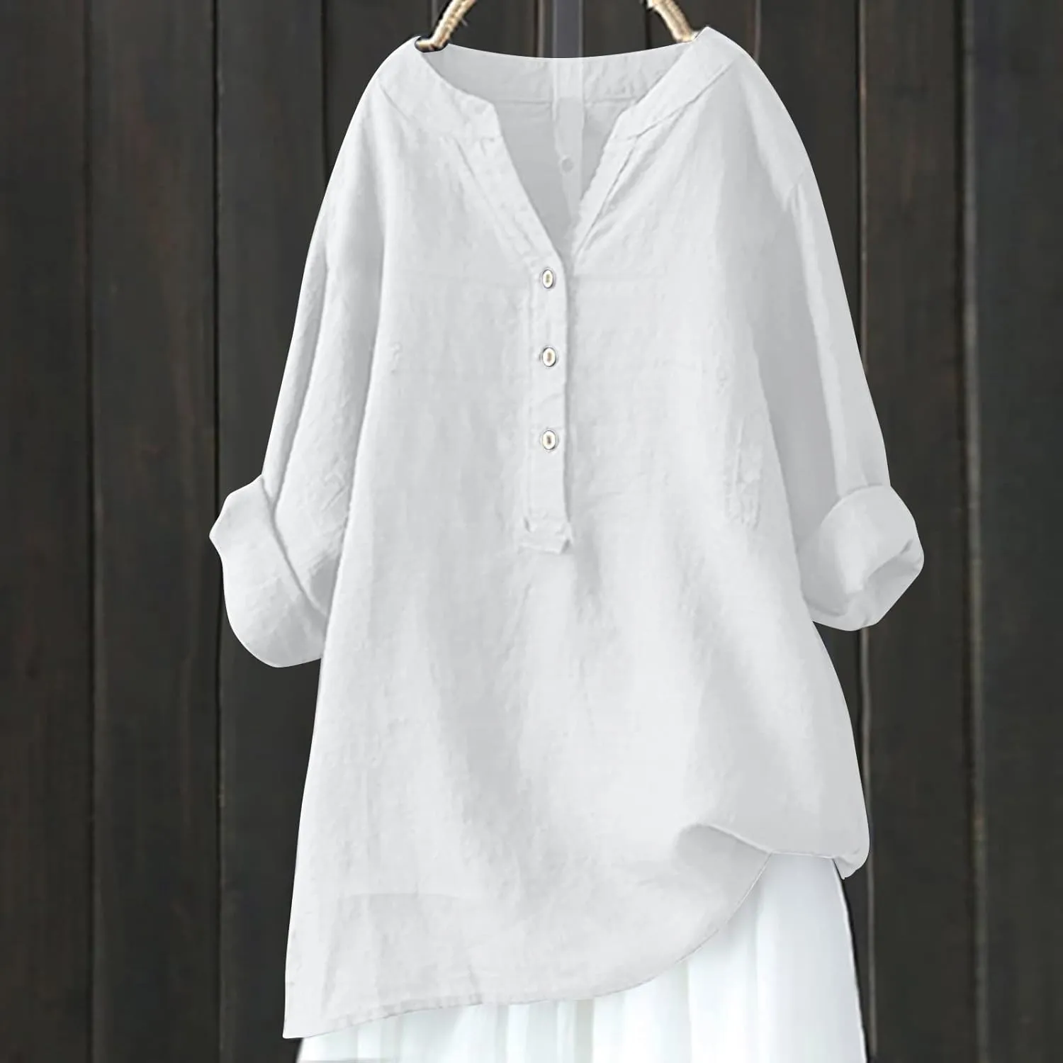 Cotton Linen Shirts for Women,Plus Size Tops Long Sleeve Tshirts,3/4 Length Sleeve Button Down V Neck Dressy Blouses