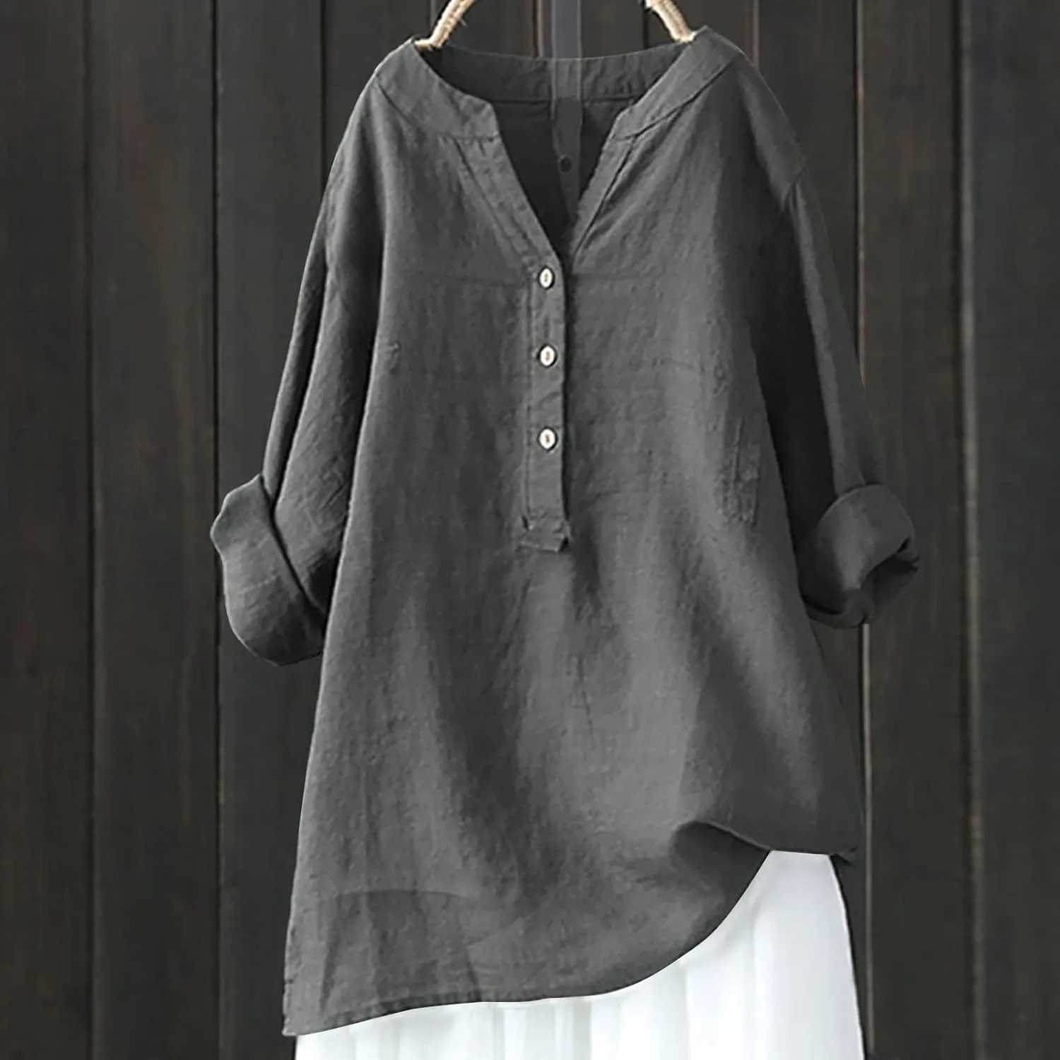 Cotton Linen Shirts for Women,Plus Size Tops Long Sleeve Tshirts,3/4 Length Sleeve Button Down V Neck Dressy Blouses