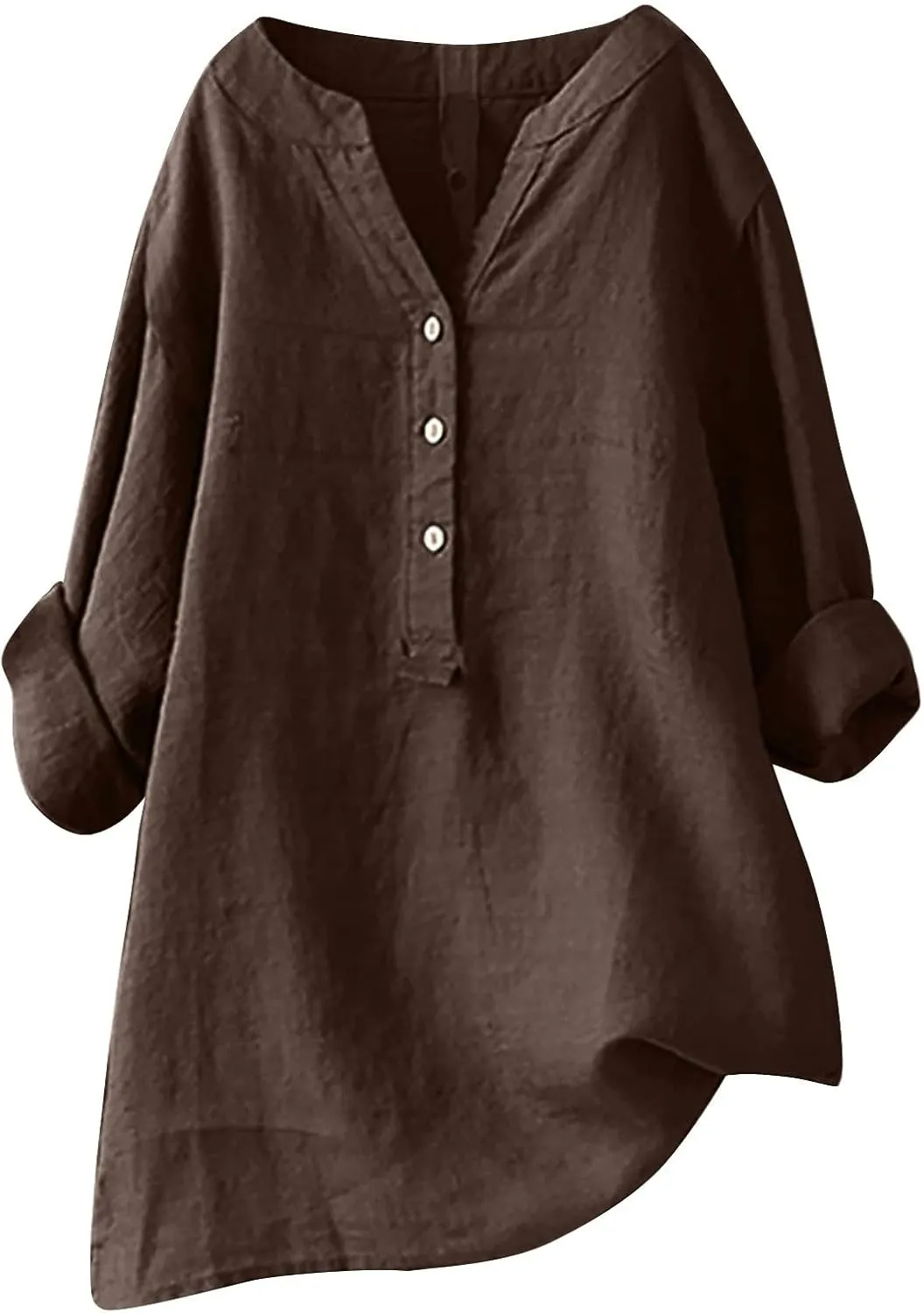 Cotton Linen Shirts for Women,Plus Size Tops Long Sleeve Tshirts,3/4 Length Sleeve Button Down V Neck Dressy Blouses