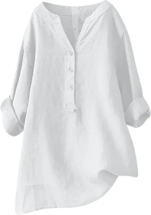 Cotton Linen Shirts for Women,Plus Size Tops Long Sleeve Tshirts,3/4 Length Sleeve Button Down V Neck Dressy Blouses