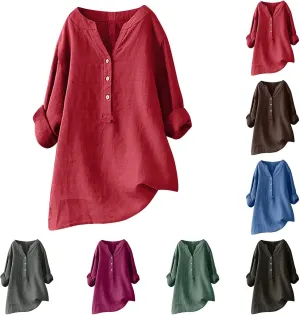 Cotton Linen Shirts for Women,Plus Size Tops Long Sleeve Tshirts,3/4 Length Sleeve Button Down V Neck Dressy Blouses