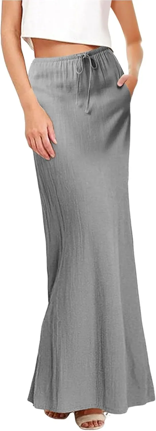 Cotton Linen Skirts for Women Maxi Length Summer Skirts Drawstring Low Rise A-Line Casual Loose Flowy Long Beach Skirt