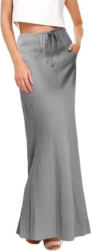Cotton Linen Skirts for Women Maxi Length Summer Skirts Drawstring Low Rise A-Line Casual Loose Flowy Long Beach Skirt
