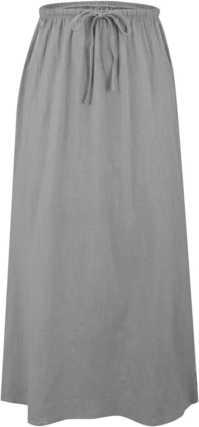 Cotton Linen Skirts for Women Maxi Length Summer Skirts Drawstring Low Rise A-Line Casual Loose Flowy Long Beach Skirt