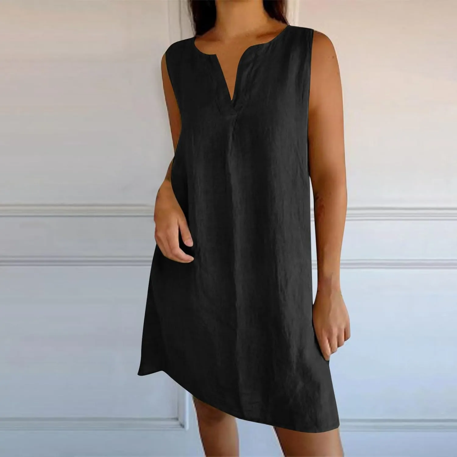 Cotton Linen Tank Dress for Women Sleeveless V Neck Beach Tshirt Sundress 2025 Summer Solid Lightweight Mini Dresses