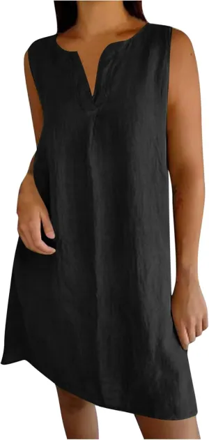Cotton Linen Tank Dress for Women Sleeveless V Neck Beach Tshirt Sundress 2025 Summer Solid Lightweight Mini Dresses
