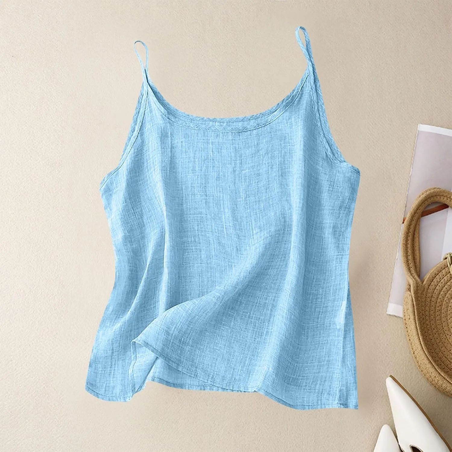 Cotton Linen Tank Top for Women Sleeveless Spaghetti Strap Camisole Summer Beach Vacation Tops Casual Travel Clothes